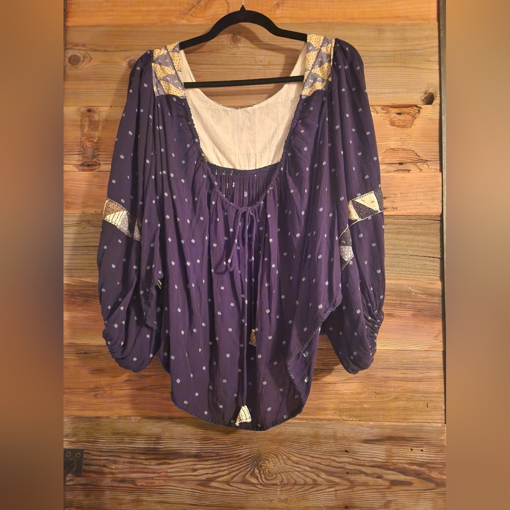 EUC S Free People Blouse Balloon Sleeves Patchwork Boho - Picture 3 of 4